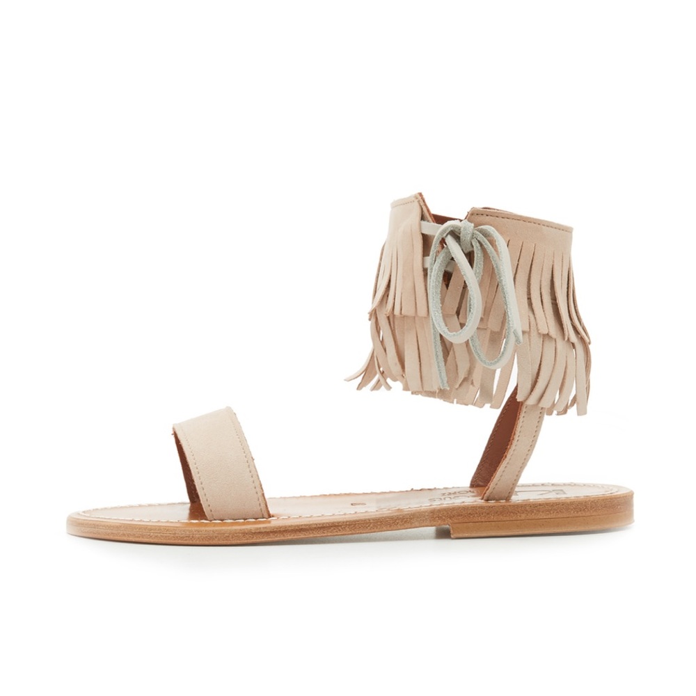 K. Jacques Saint Tropez Salambo Suede Fringe Cuff Flat Sandals 38 Nude Ankle Tie